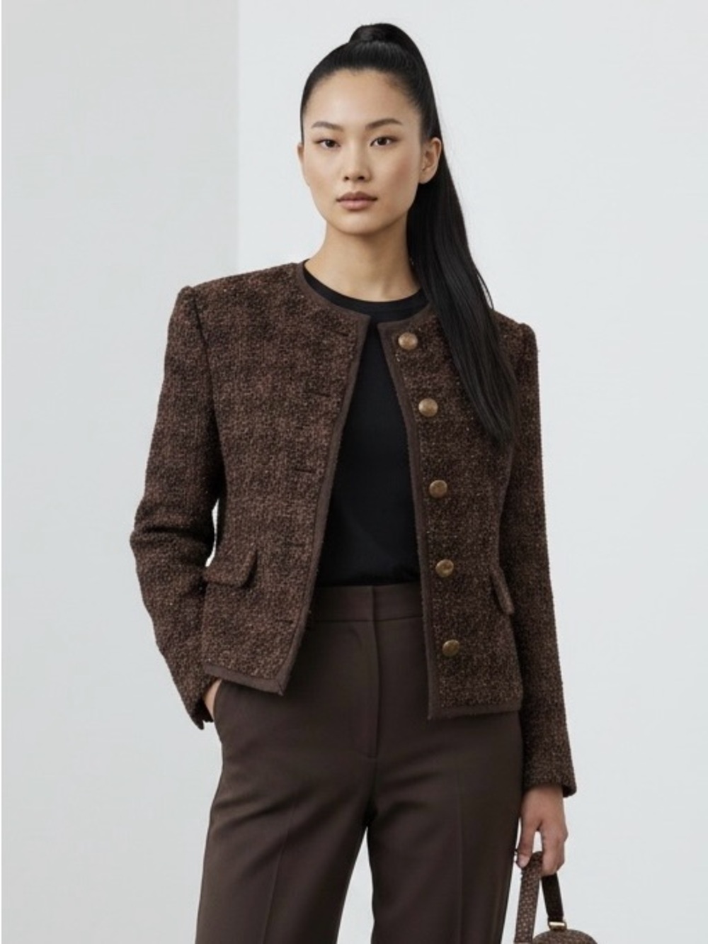 Veronica Beard Audrina Metallic Chocolate Bouclé Boxy Jacket with Gold Buttons.